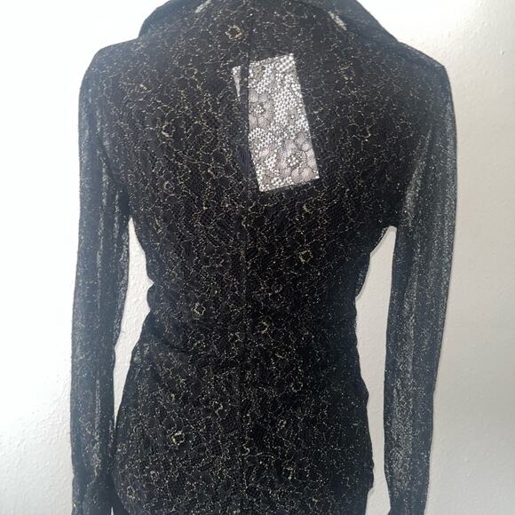 ZARA Sheer Black Lace Gold Buttons Long Sleeve Blouse Top Shimmery NWT - Picture 3 of 7